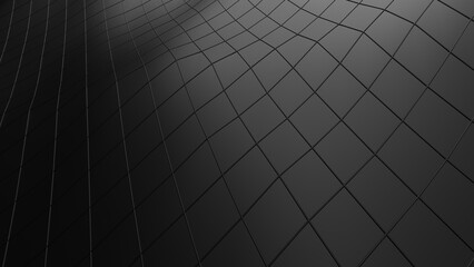 Black mountain topography surface with black grid line. 3D illustration. 3D CG.