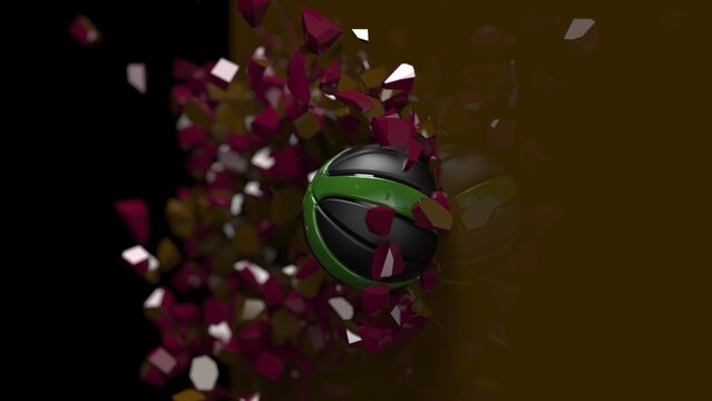 Black-Green Baseball breaking with great force through Blown-Red wall under spot light background. 3D high quality rendering. 