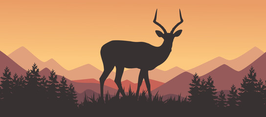 Deer In Forest Vector, The Best Deer Silhouette In Mountain Illustration