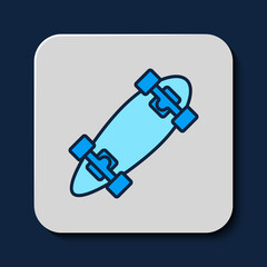 Filled outline Longboard or skateboard cruiser icon isolated on blue background. Extreme sport. Sport equipment. Vector