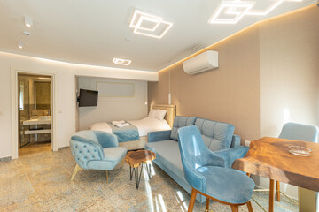 Interior of a luxury living room with marble floor