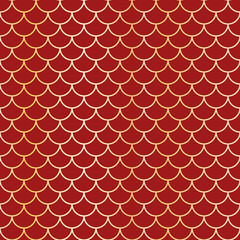Traditional geometric asian gold fishscale ornament on red background. Vector seamless pattern. Best for textile, home decor, wallpapers, wrapping paper, package and web design. © maksin_priestess