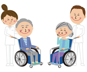 ポップな車イスのシニアの男女　ヘルパーさんと散歩
