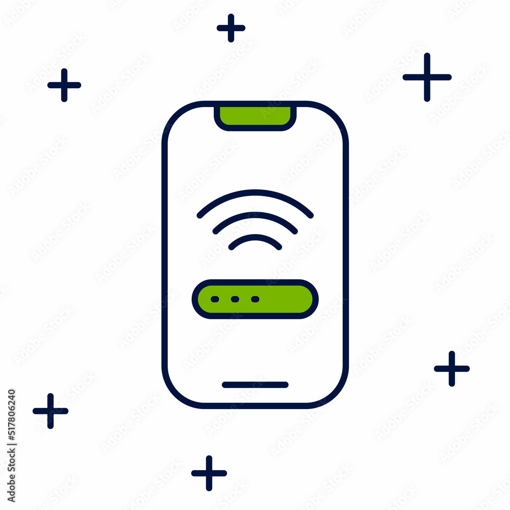 Poster filled outline smartphone with free wi-fi wireless connection icon isolated on white background. wir
