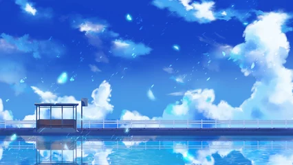 Fototapete Dunkelblau bus terminal on a beach with reflection under sunny and sparkly cloudy sky anime wallpaper high definition