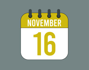 16 November calendar icon. November calendar banner. Date of the month for events.