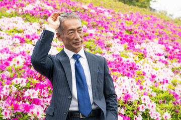 お花畑とシニア男性