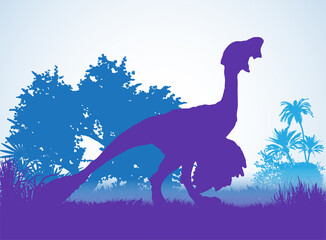 Oviraptor Dinosaurs silhouettes in prehistoric environment overlapping layers; decorative background banner abstract vector illustration