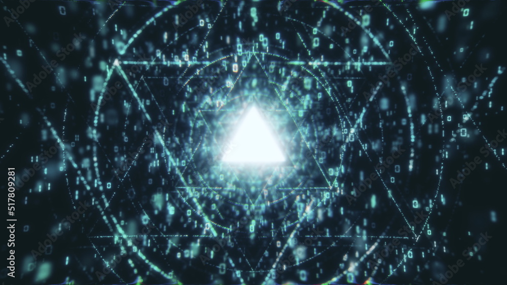 Poster digital data tunnel journey. loopable matrix core tunnel of binar lights animation in 4k. shot insid