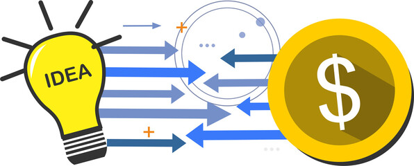 light bulbs, arrows and coins