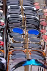 closeup of sunglasses at a street market in Sao Paulo, Brazil.