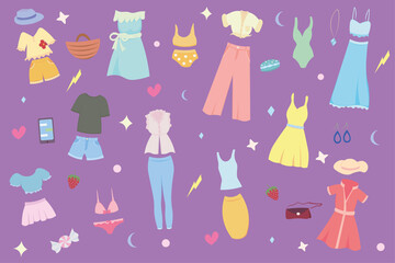 Set of women's summer clothes in a flat design.
All objects are isolated. Includes leggings, skirts, shirts, culottes, swimwear, hats, tops, T-shirt, bags, earrings, hearts, stars, dresses, crescents