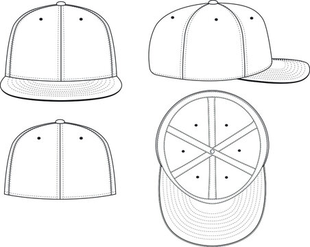 Fitted Cap Hat Vector Technical Drawing Illustration Blank Streetwear Mock-up Template for Design and Tech Packs CAD Brim Baseball Hat