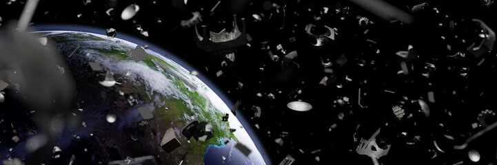 space junk in Earth orbit, debris orbiting the blue planet, flying trash