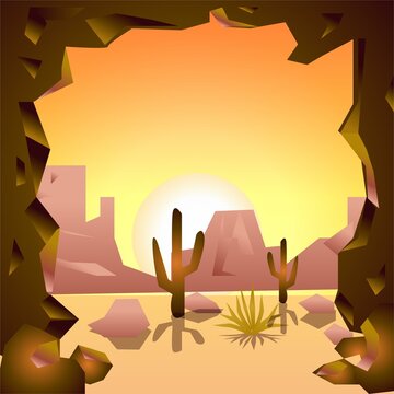 Desert and Cave Background and Vector Illustration