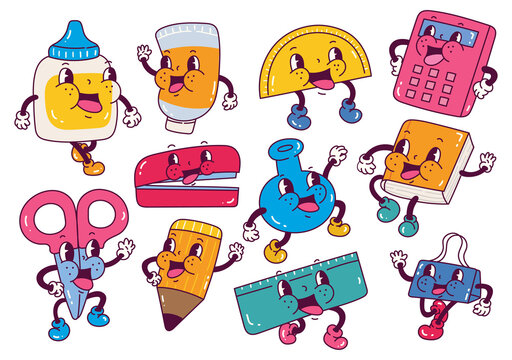 Set of school supplies in retro cartoon style illustration, vintage character vector art collection