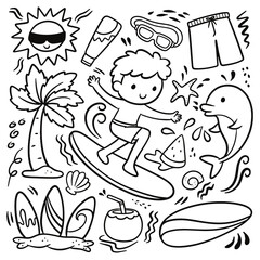 Kid Surfing, Summer Theme Doodle Collection, Vector Clip Art