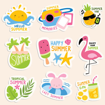 Summer theme sticker in cartoon doodle style illusrtation