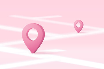 3D location point marker of map or navigation pin icon sign on isolated pink background. navigation is pink pastel colour with shadow on map direction. 3d GPS pin vector rendering illustration