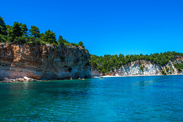 Fototapeta premium Amazing view of Spartines beach during boating in Alonissos island, Greece