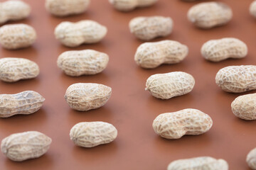 Fototapeta na wymiar Neatly arranged peanuts on a brown background