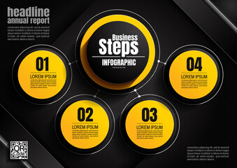 infographics design, circle 4 process chart diagram template for presentation workflow, abstract timeline elements, flow chart business yellow and black color layout concept