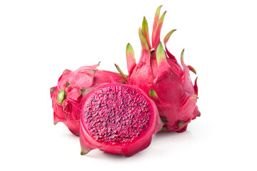 ripe red dragon fruit with half isolated on white.