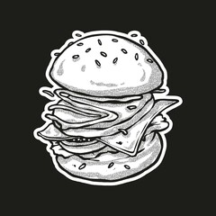 illustration burger layout. hand drawn technique black and white