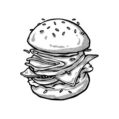 illustration burger layout. hand drawn technique line art