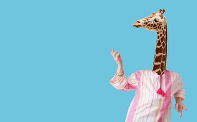 Dancing woman with head of giraffe on blue background
