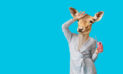 Woman with cocktail and head of deer on blue background - Powered by Adobe