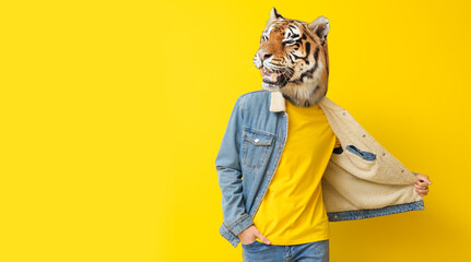 Man with head of tiger on yellow background