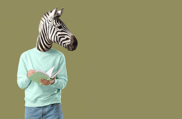 Man with head of zebra on color background - obrazy, fototapety, plakaty