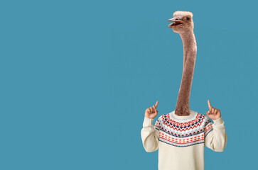 Man with head of ostrich on blue background - obrazy, fototapety, plakaty