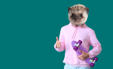 Man with head of hedgehog and skateboard on color background