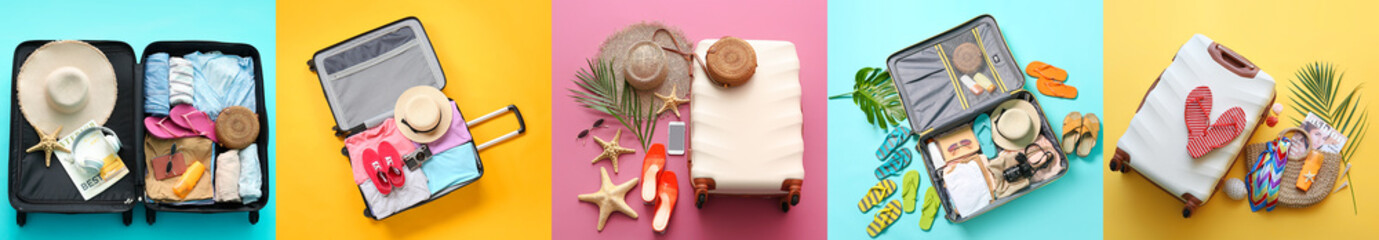Set of traveler's suitcases and accessories on colorful background, top view