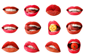 Set of red female lips on white background - obrazy, fototapety, plakaty
