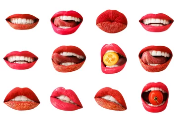 Fotobehang Set of red female lips on white background © Pixel-Shot