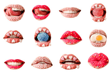 Set of beautiful female lips with creative makeup and candies on white background