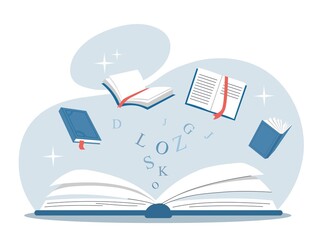 International literacy concept. Books in different languages, translation of famous works. Gift card for international holiday. Useful hobbies and love of reading. Cartoon flat vector illustration
