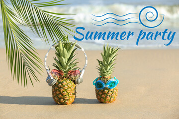 Advertisement banner for summer party with pineapples on beach