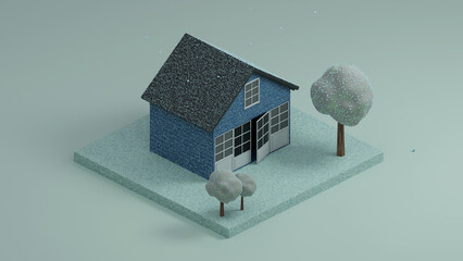 Winter low poly&nbsp;isometric&nbsp;house and trees 3D Illustration