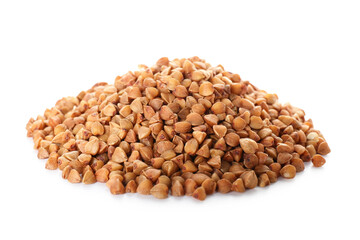 Heap of buckwheat grains on white background
