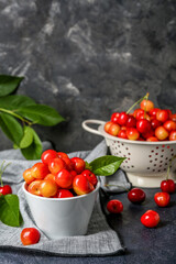 Bowl with sweet cherries on grunge background