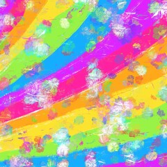 Neon, vibrant and intense rainbow painting decorated with chunky metallic foil confetti. Iridescent and blurred effect background. Magical visual effect. 