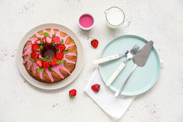 Composition with tasty strawberry cake, milk and sauce on light background