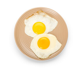 Plate with tasty fried eggs isolated on white background