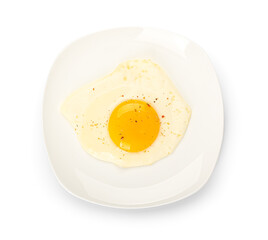 Plate with fried egg isolated on white background