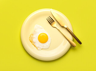 Plate with tasty fried egg and cutlery on yellow background