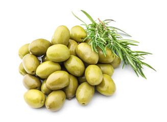 Heap of green olives and rosemary on white background